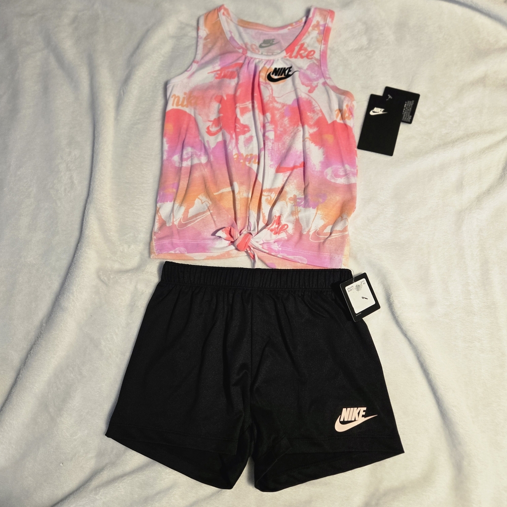 Nike Pink and Orange Tie-Dye Tank with Black Shorts